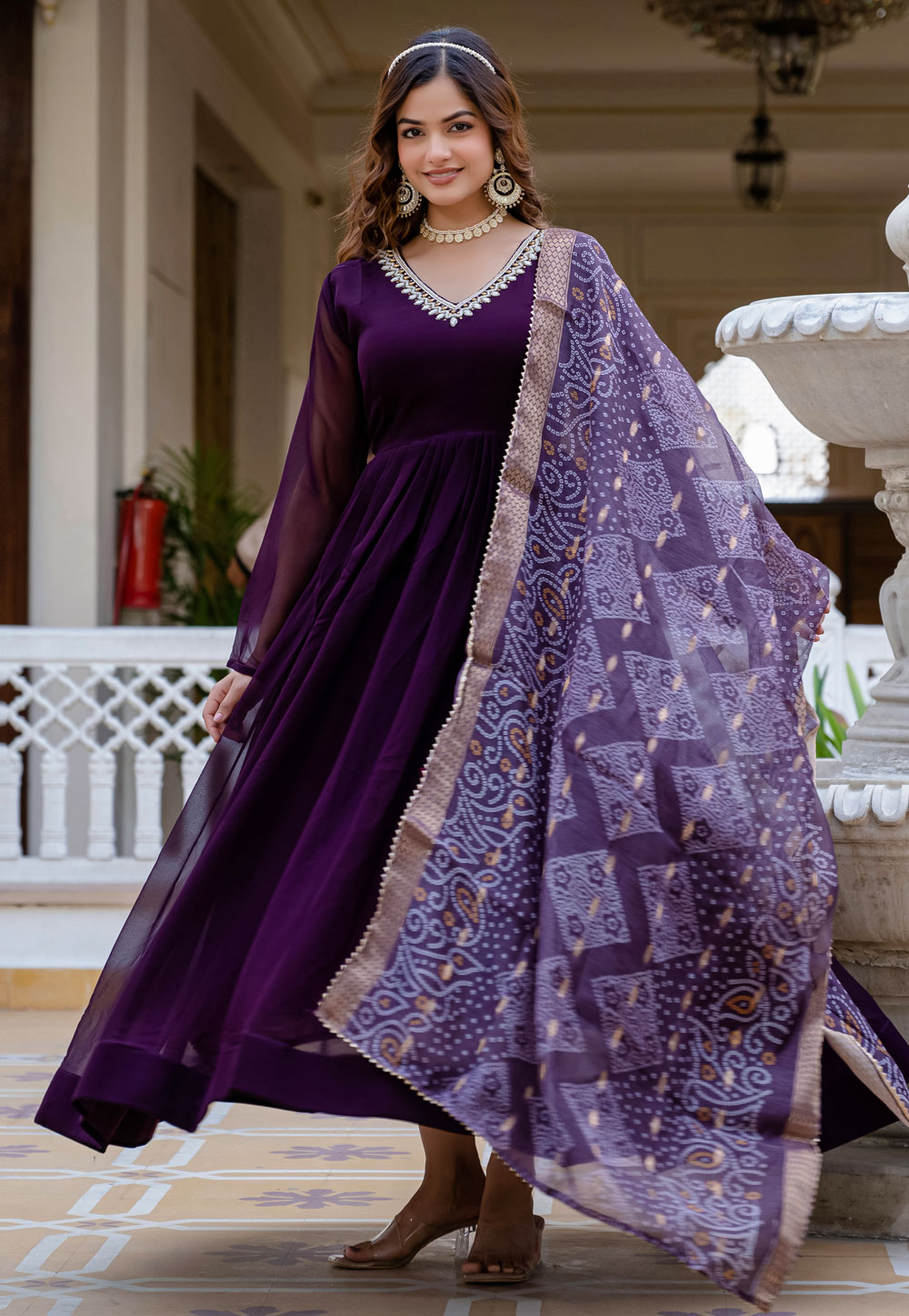 Wine Faux Georgette Readymade Long Anarkali Suit 312123