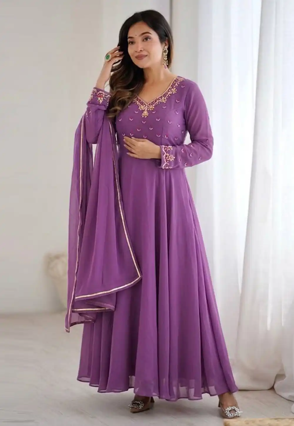 Wine Faux Georgette Readymade Long Anarkali Suit 328895