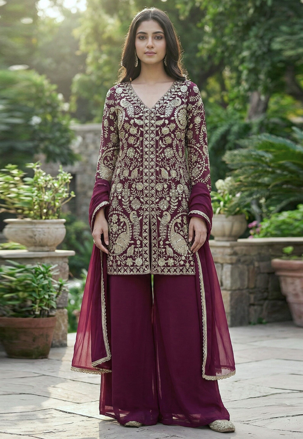 Wine Faux Georgette Readymade Pakistani Suit 323339