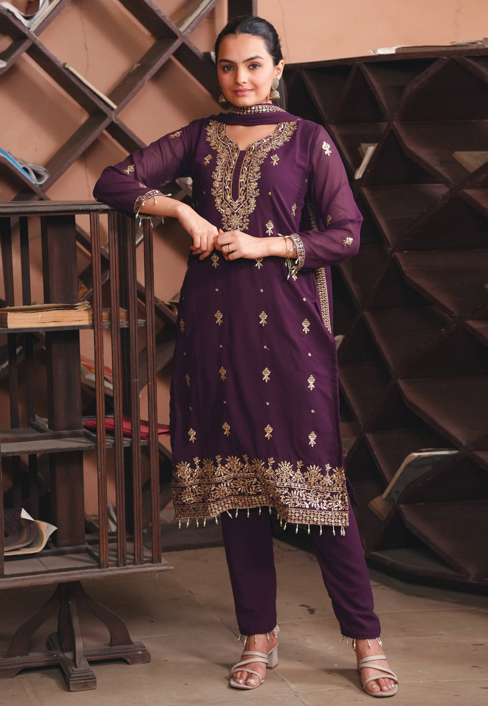 Wine Faux Georgette Readymade Pakistani Suit 311533
