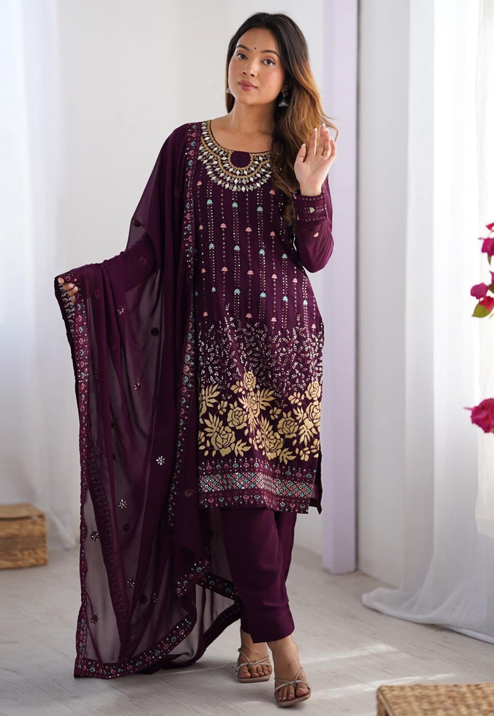 Wine Faux Georgette Readymade Pakistani Suit 311655