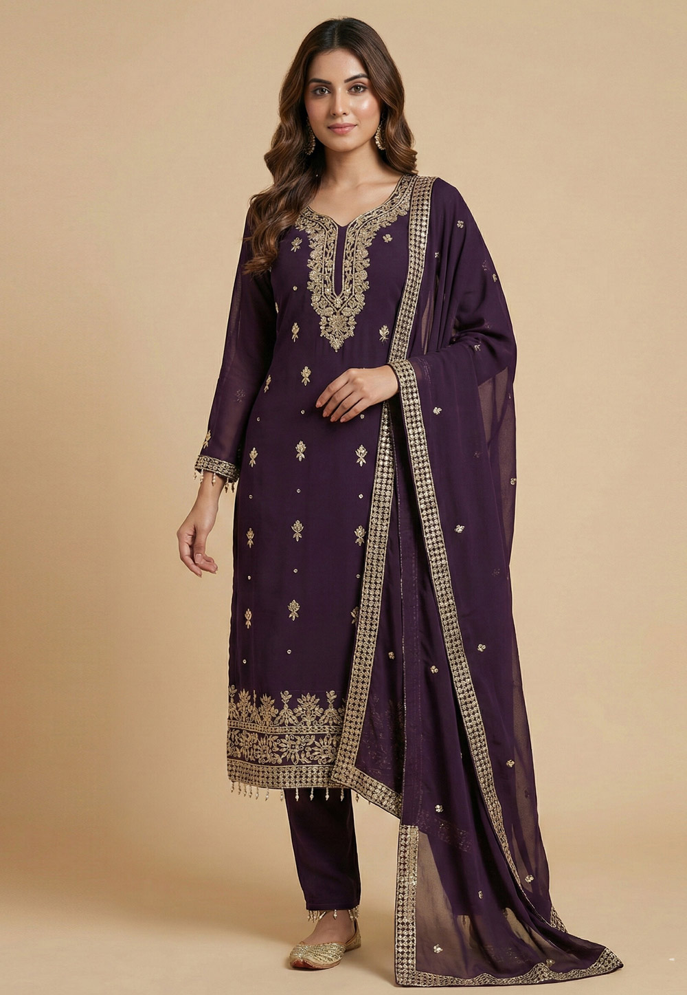 Wine Faux Georgette Readymade Pakistani Suit 323879