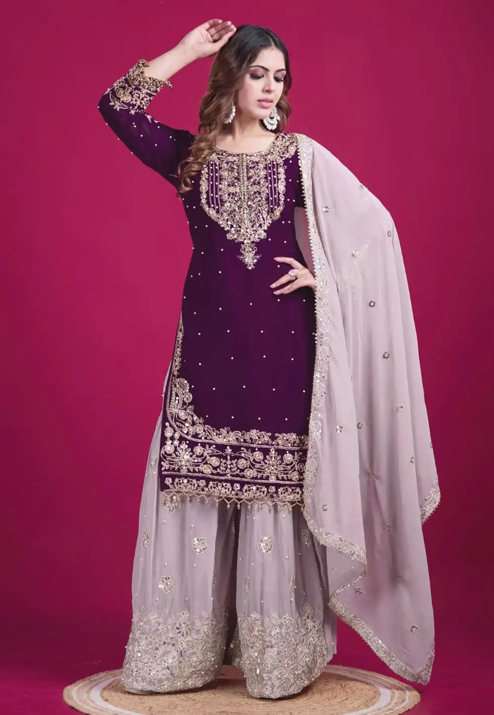 Wine Faux Georgette Readymade Sharara Suit 313369