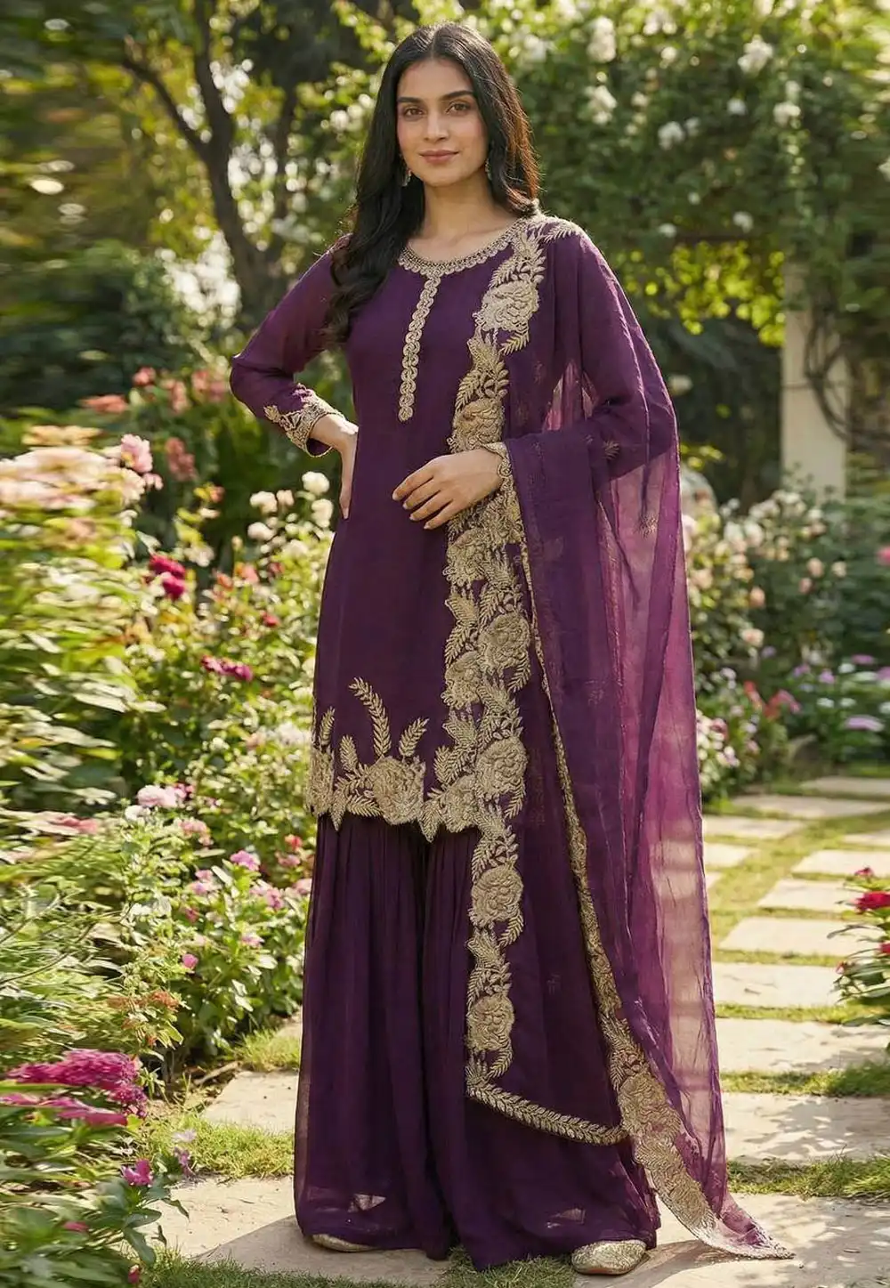 Wine Faux Georgette Readymade Sharara Suit 329422