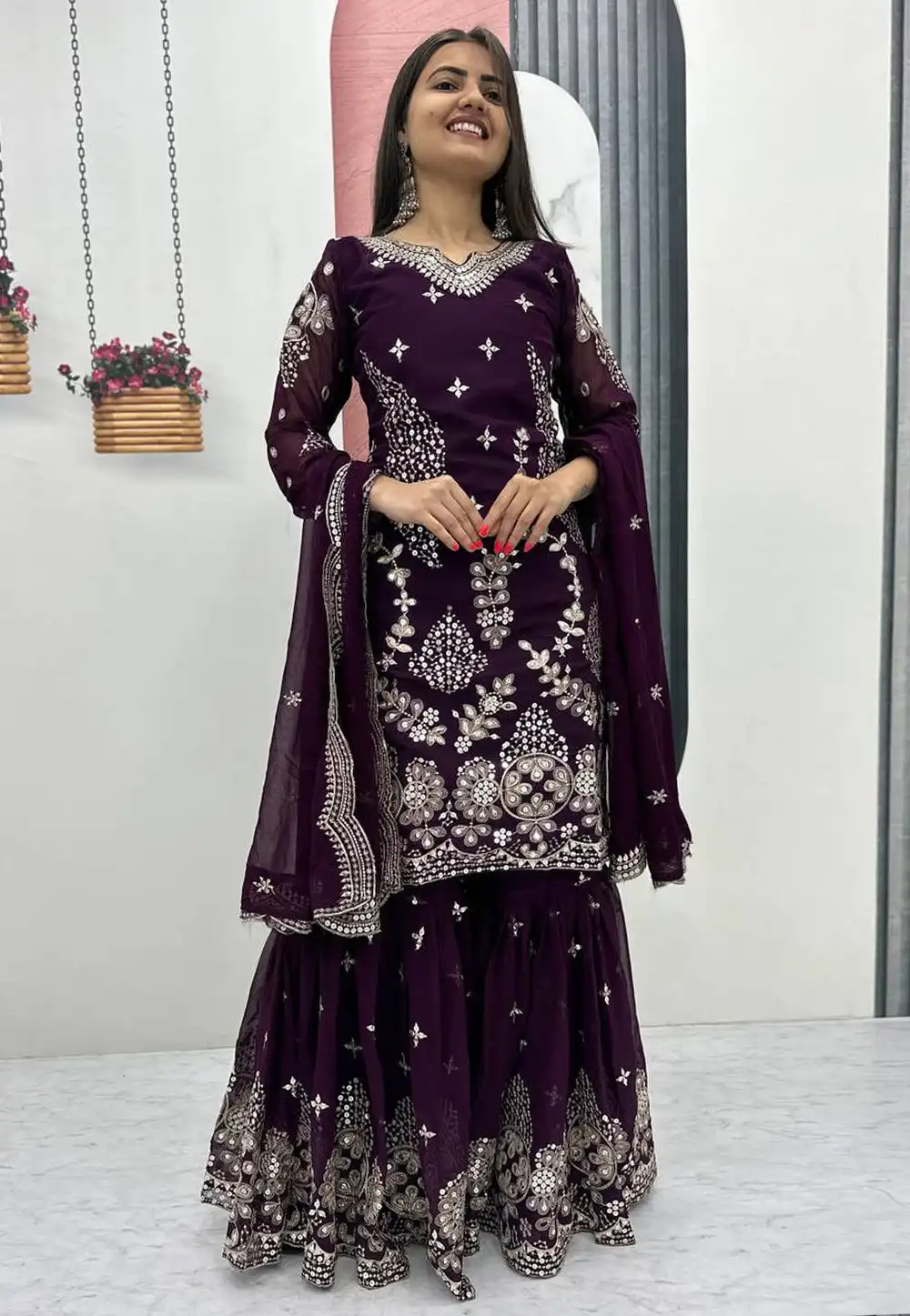 Wine Faux Georgette Readymade Sharara Suit 328908