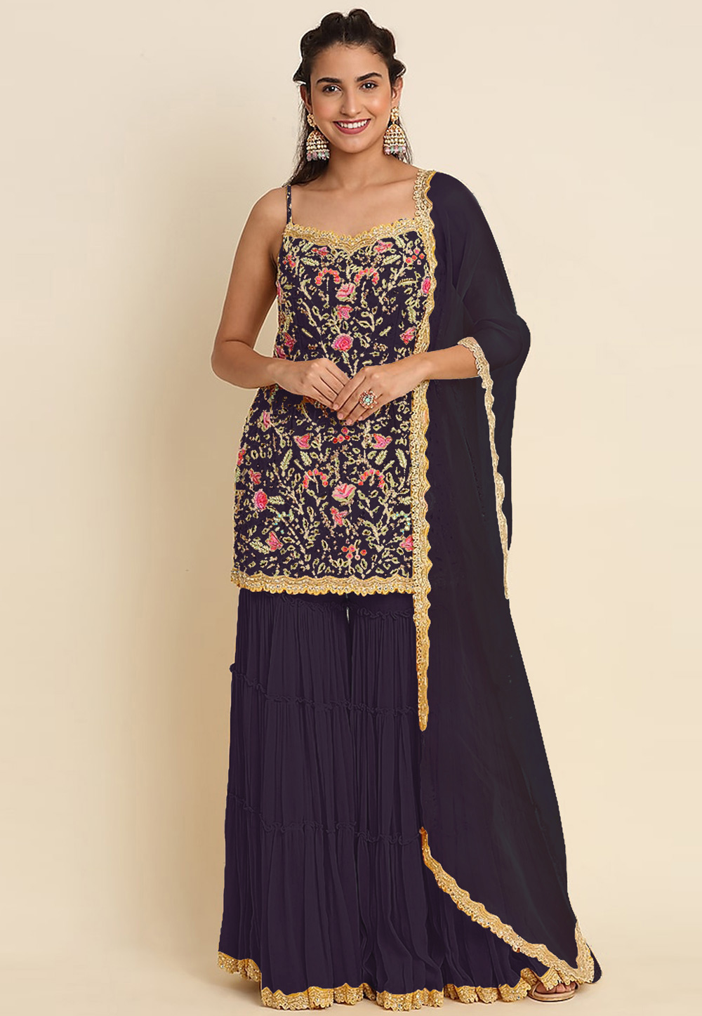 Wine Faux Georgette Sharara Suit 308322