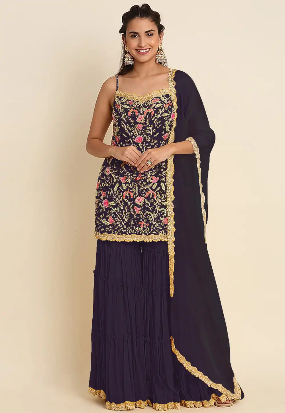 Wine Faux Georgette Sharara Suit 308322