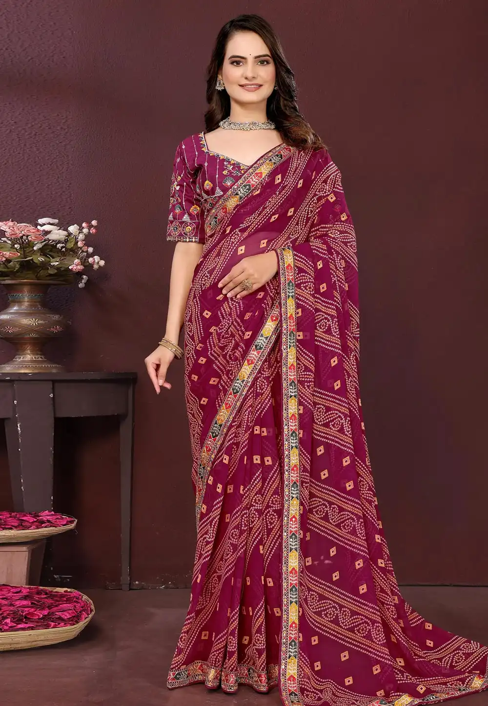 Wine Georgette Bandhani Print Saree 316901