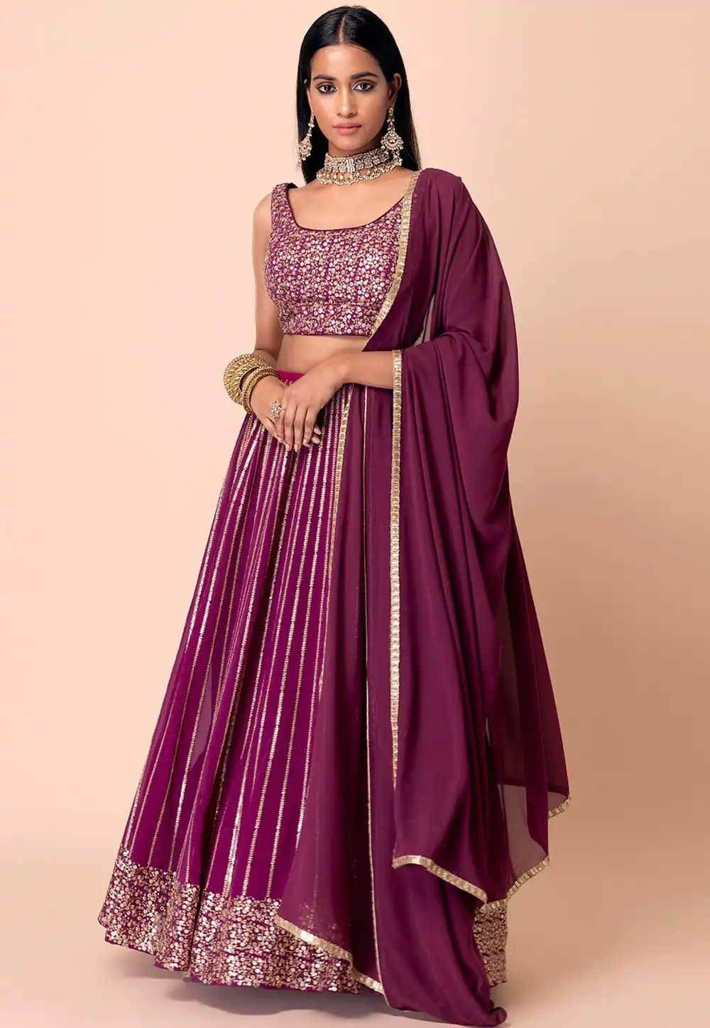 Wine Georgette Circular Lehenga Choli 309182