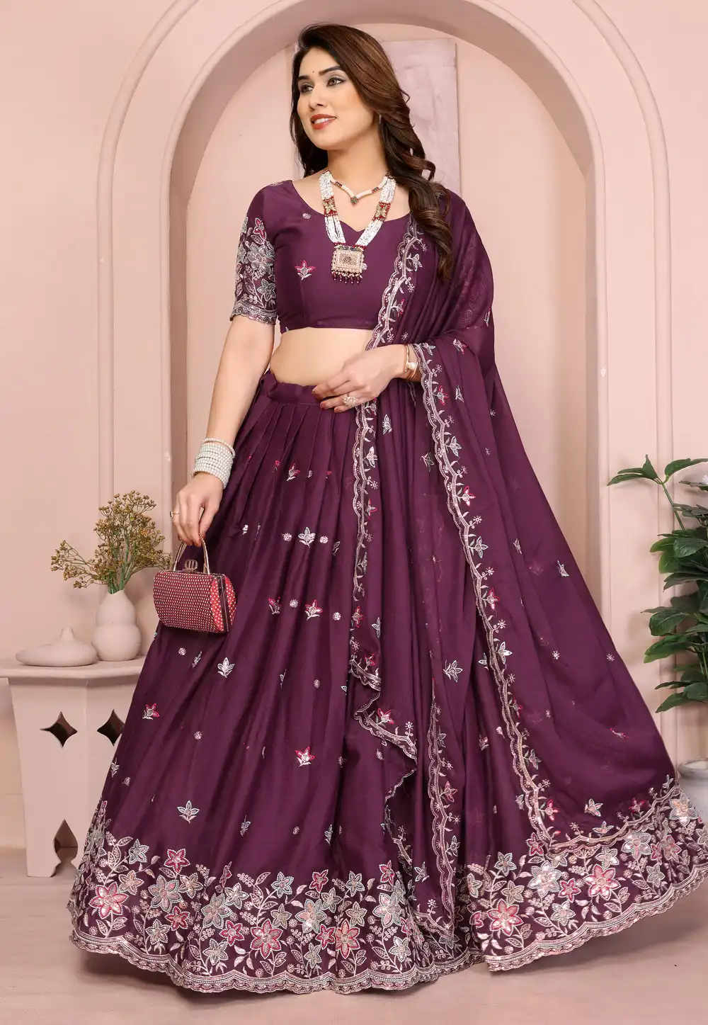 Wine Georgette Circular Lehenga Choli 314910