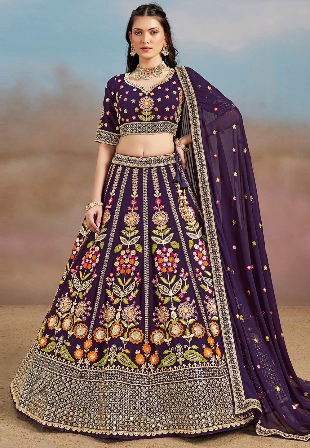 Wine Georgette Circular Lehenga Choli 312357