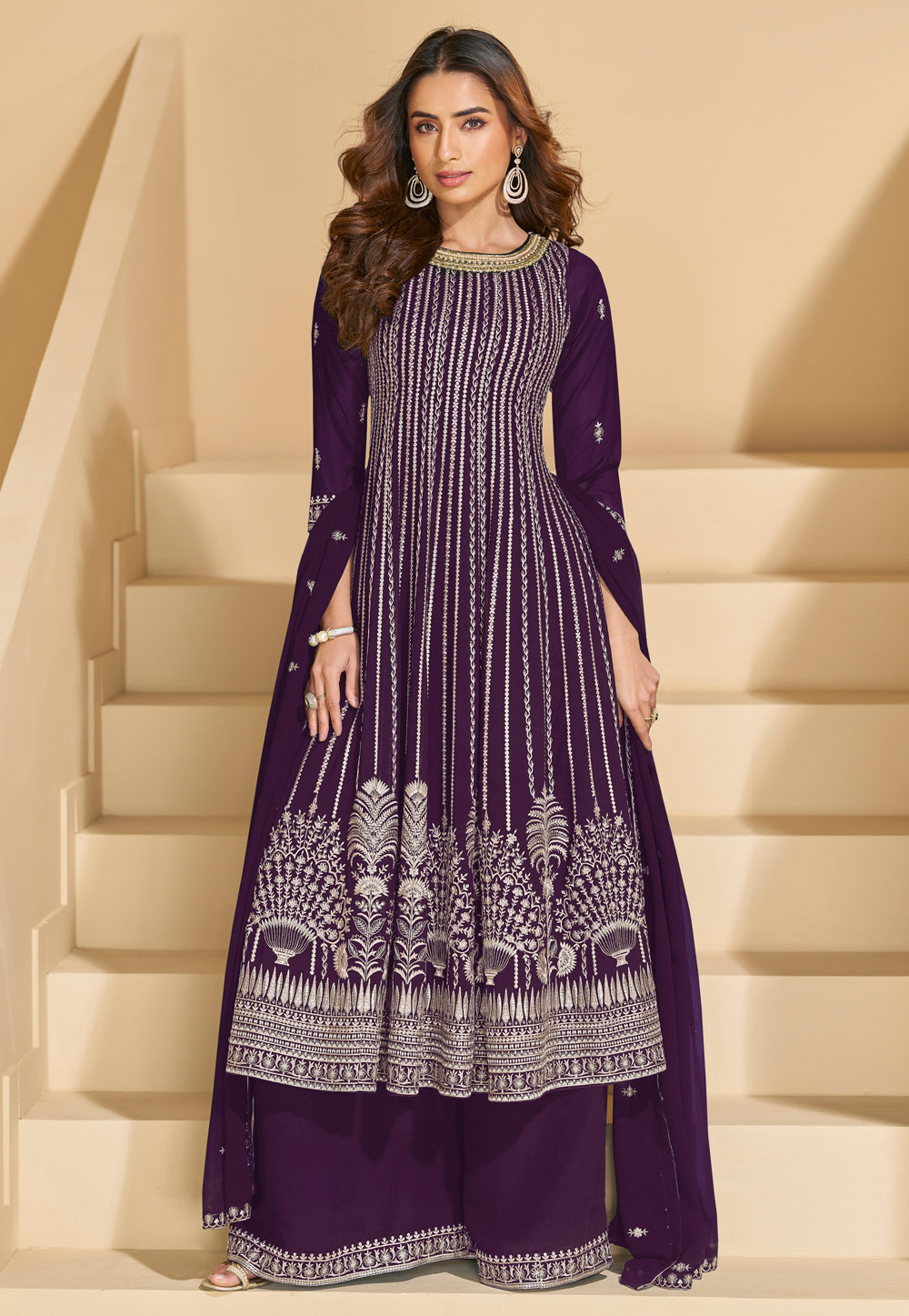 Wine Georgette Embroidered Anarkali Suit 326997