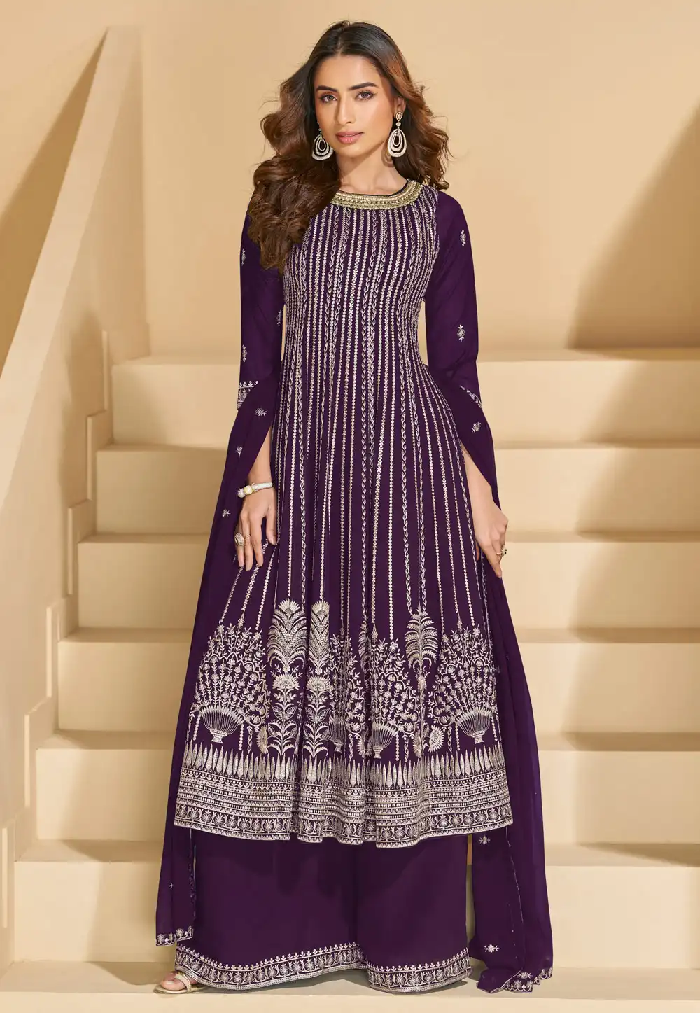 Wine Georgette Embroidered Anarkali Suit 326997