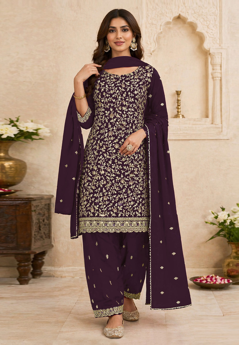 Wine Georgette Embroidered Pakistani Suit 330380