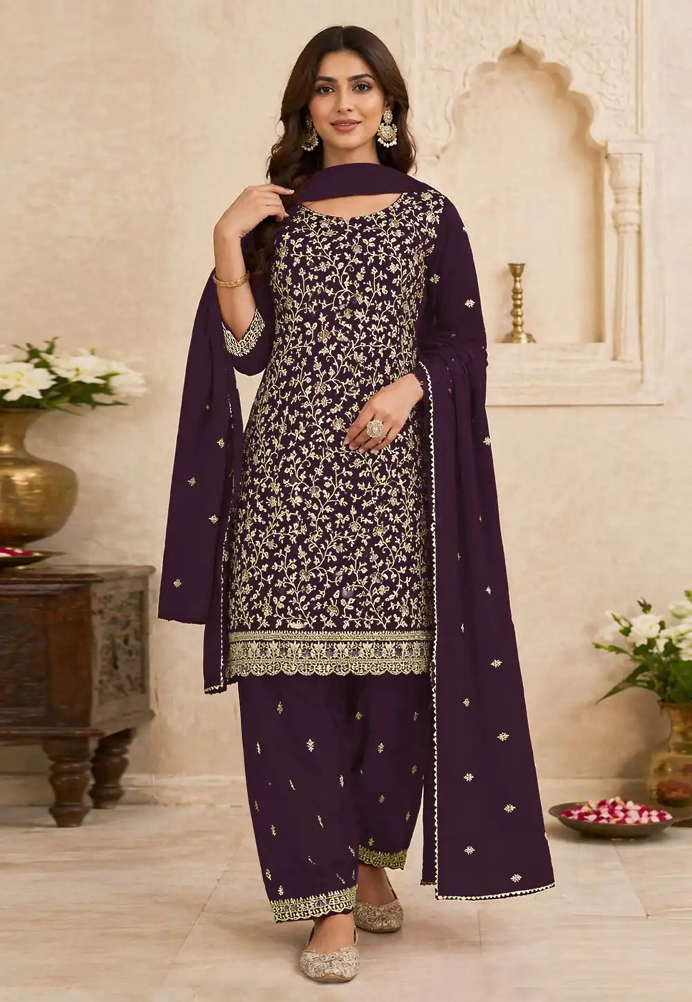 Wine Georgette Embroidered Pakistani Suit 330380
