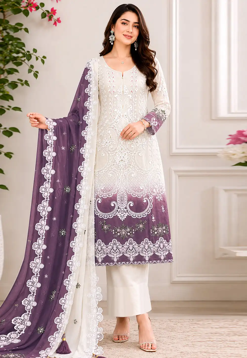 Wine Georgette Embroidered Palazzo Suit 330361