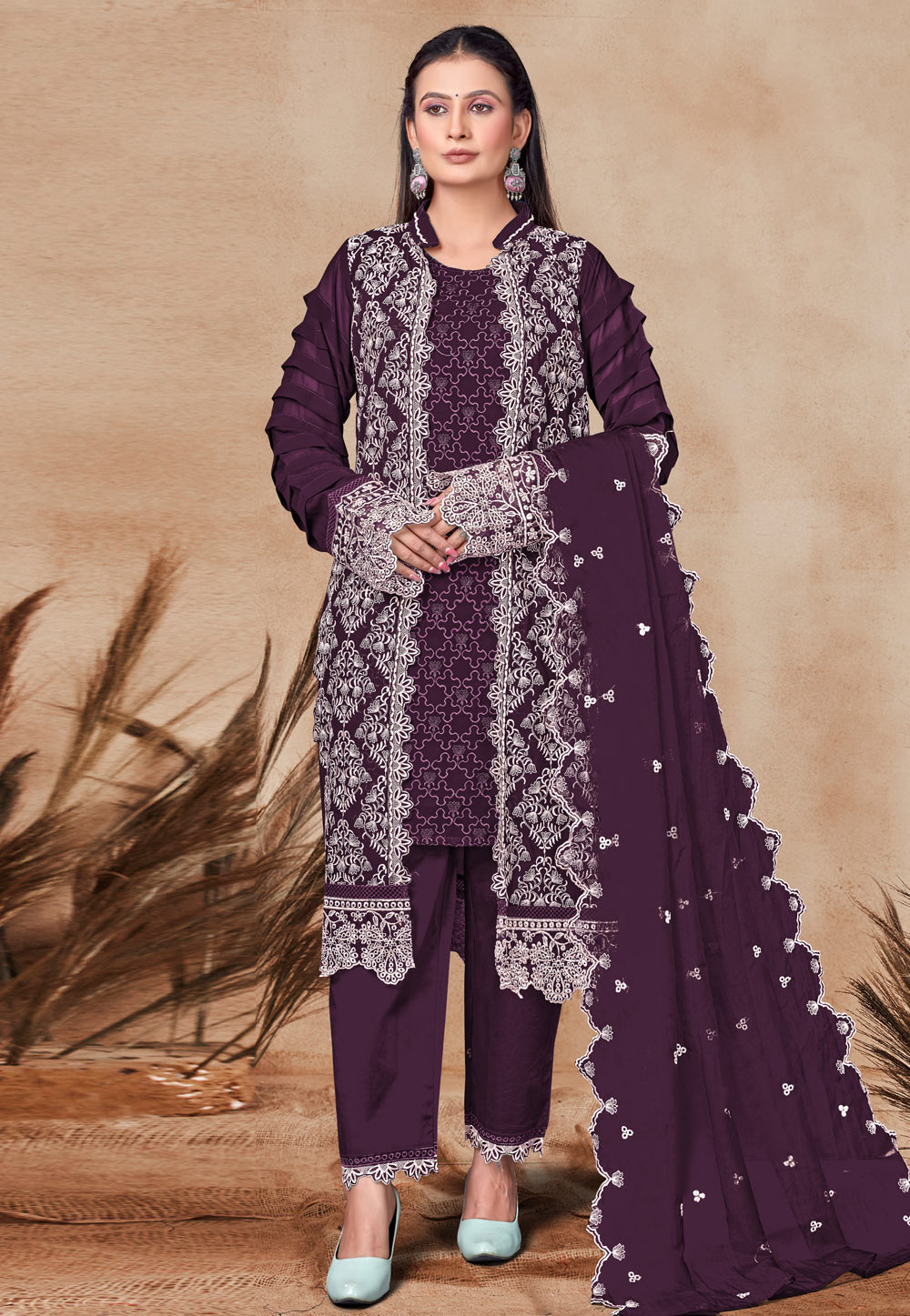Wine Georgette Embroidered Pant Style Suit 307482