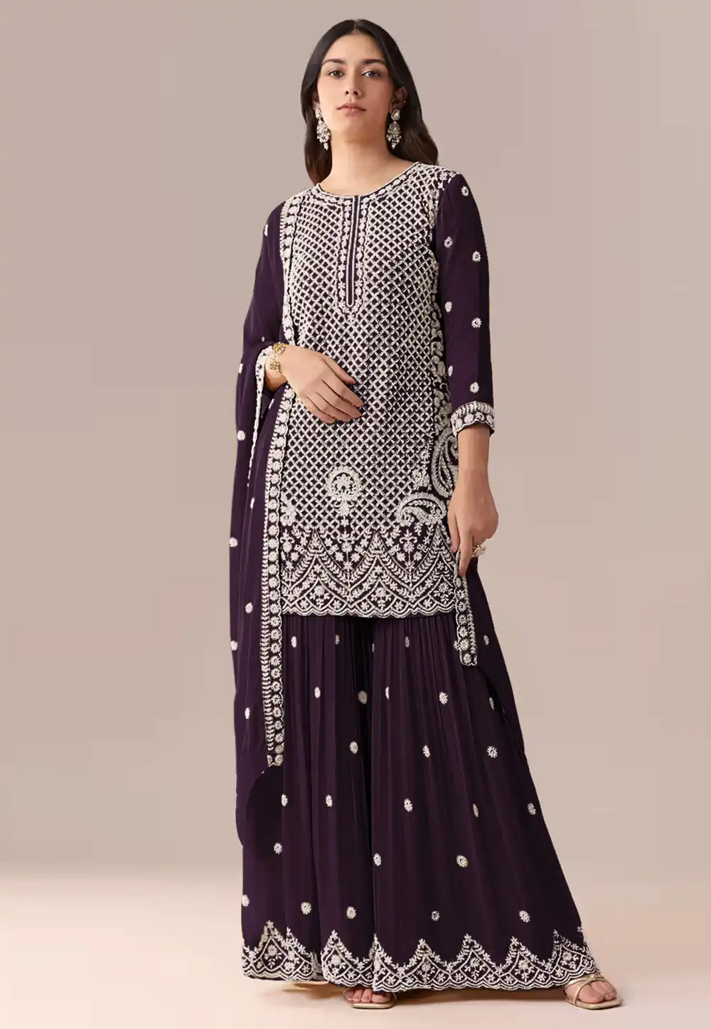Wine Georgette Embroidered Sharara Suit 330643