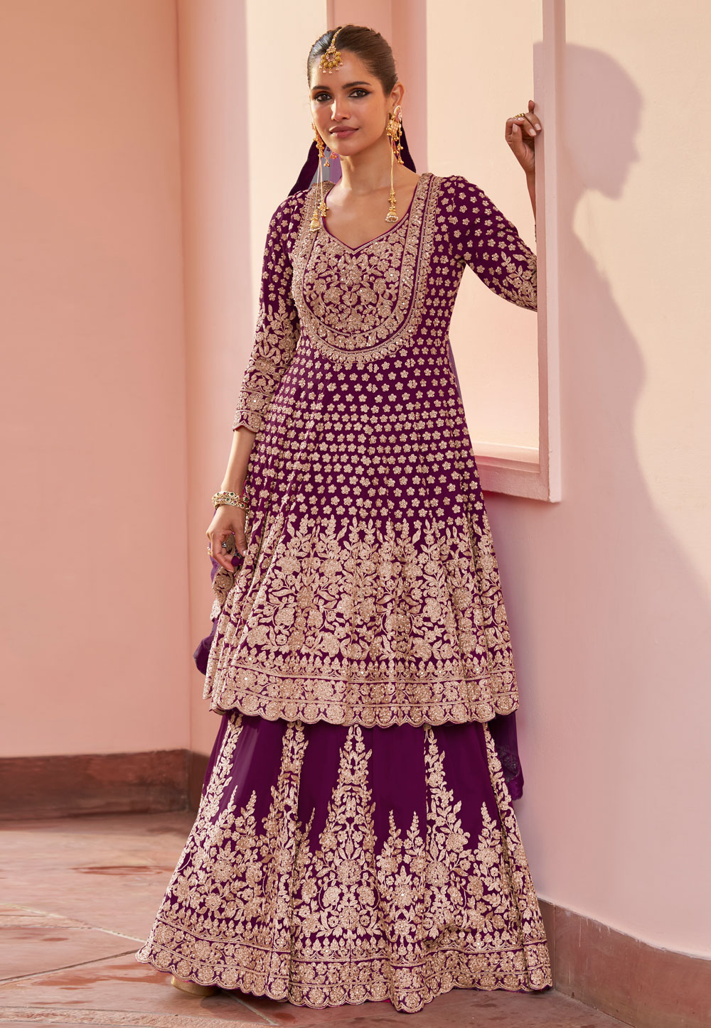 Wine Georgette Indo Western Lehenga Choli 325309