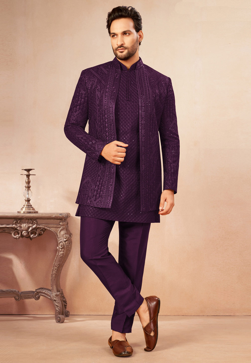 Wine Georgette Indo Western Suit 325627