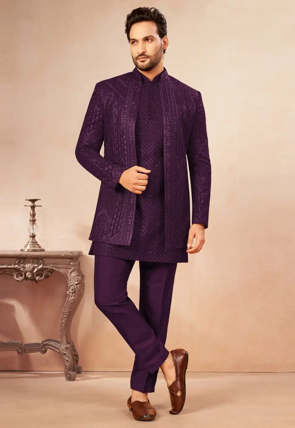 Wine Georgette Indo Western Suit 325627