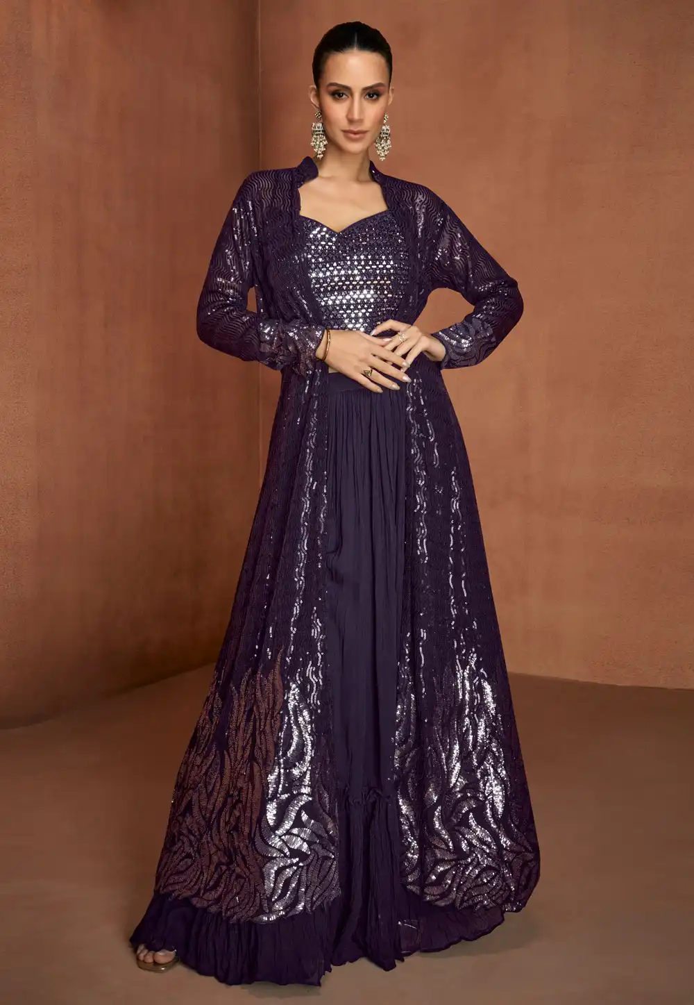 Wine Georgette Jacket Style Suit 325303