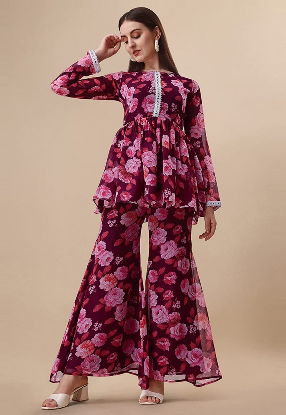Wine Georgette Kurta Set With Sharara 284032