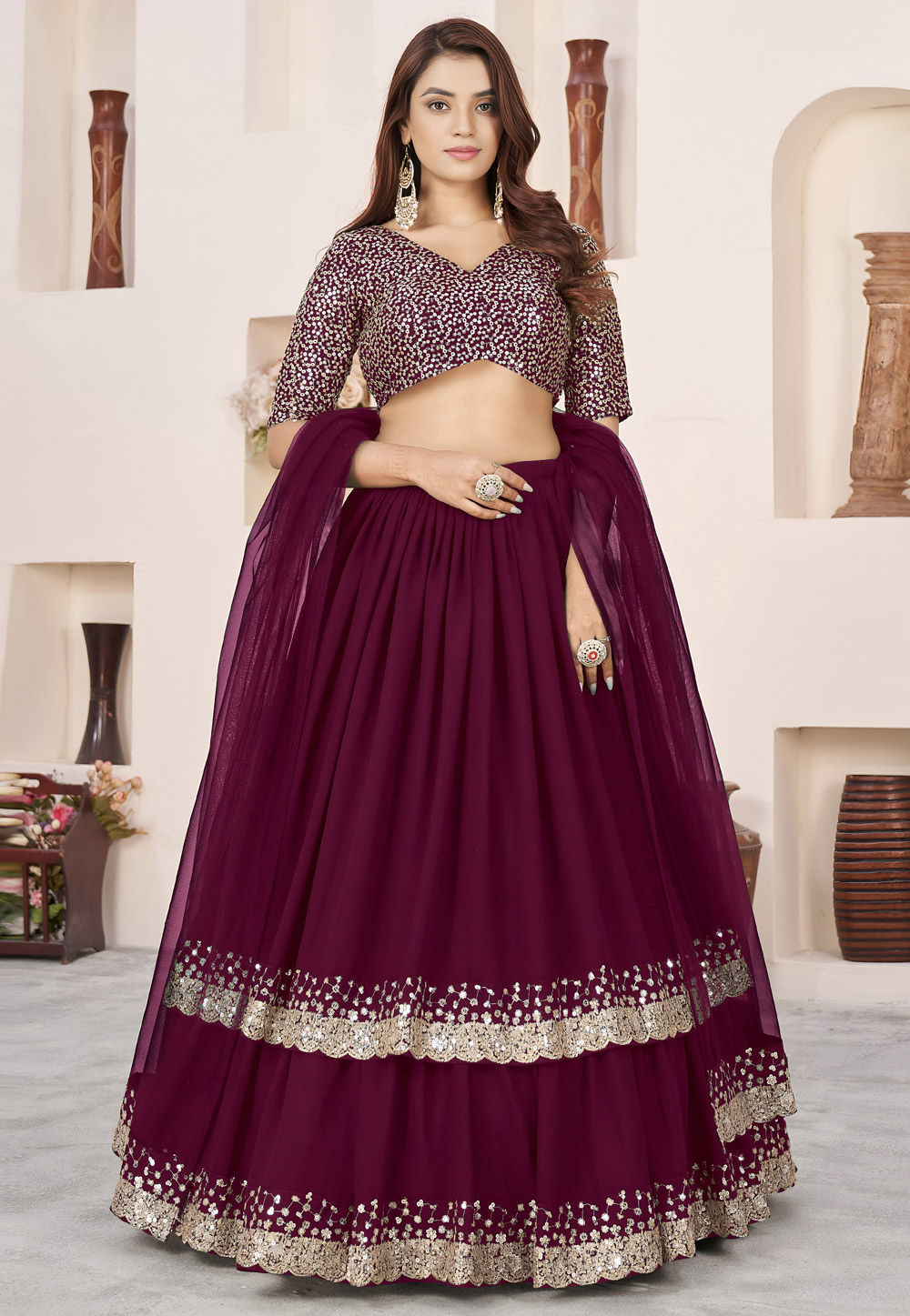 Wine Georgette Layered Lehenga Choli 323088