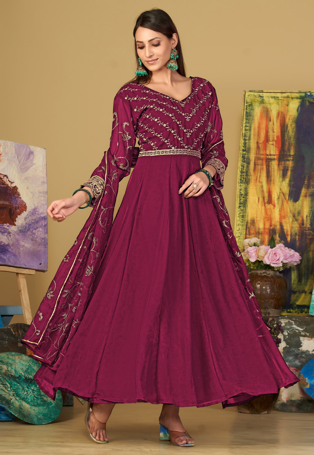 Wine Georgette Long Anarkali Suit 283645