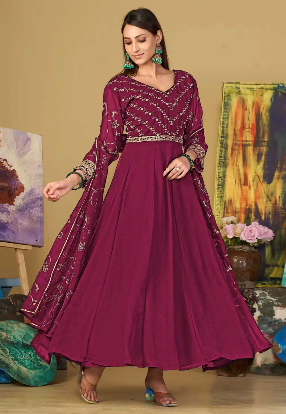 Wine Georgette Long Anarkali Suit 283645