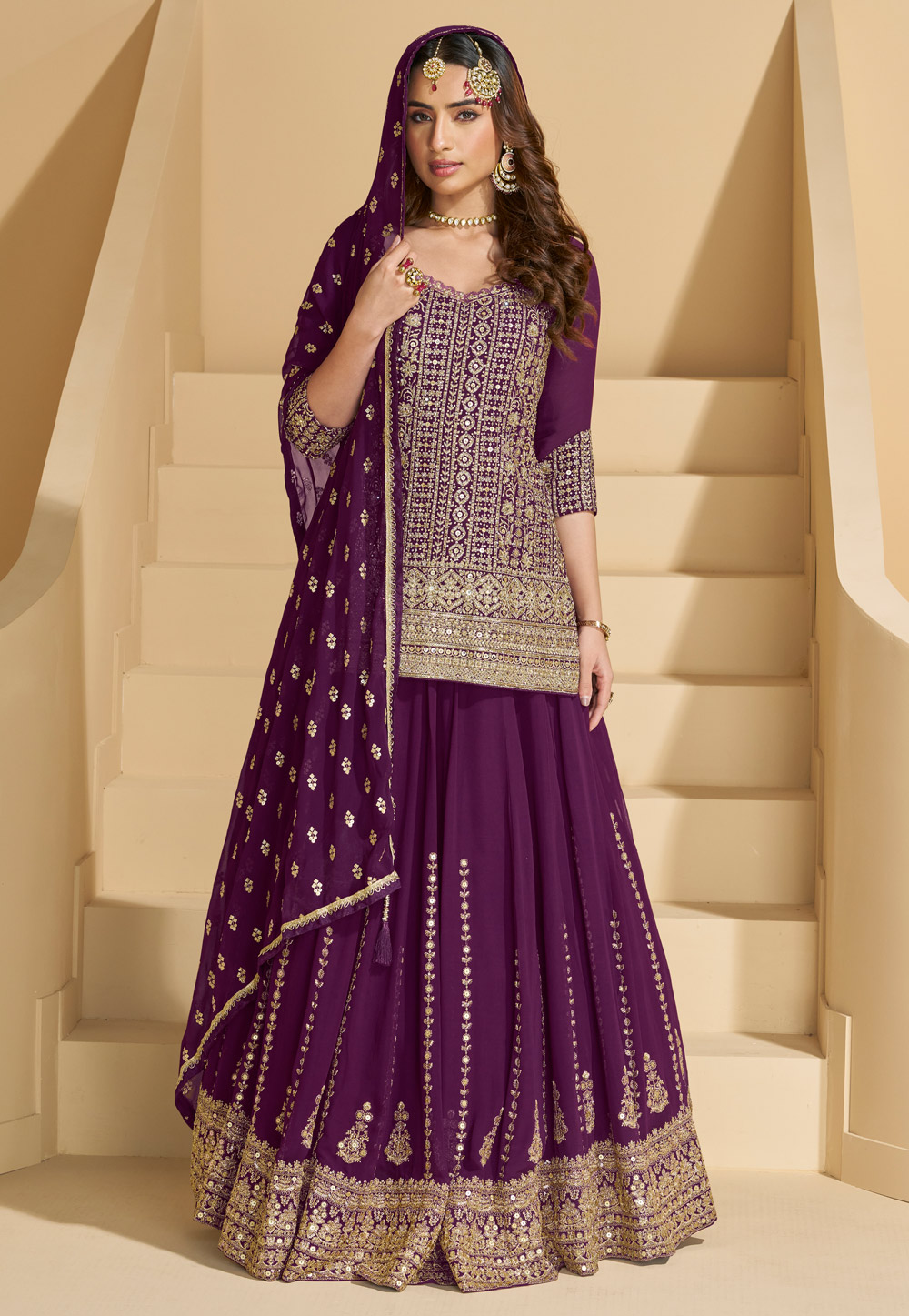 Wine Georgette Long Choli Lehenga 306659
