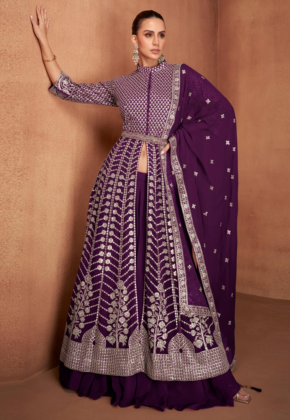 Wine Georgette Long Choli Lehenga 320937