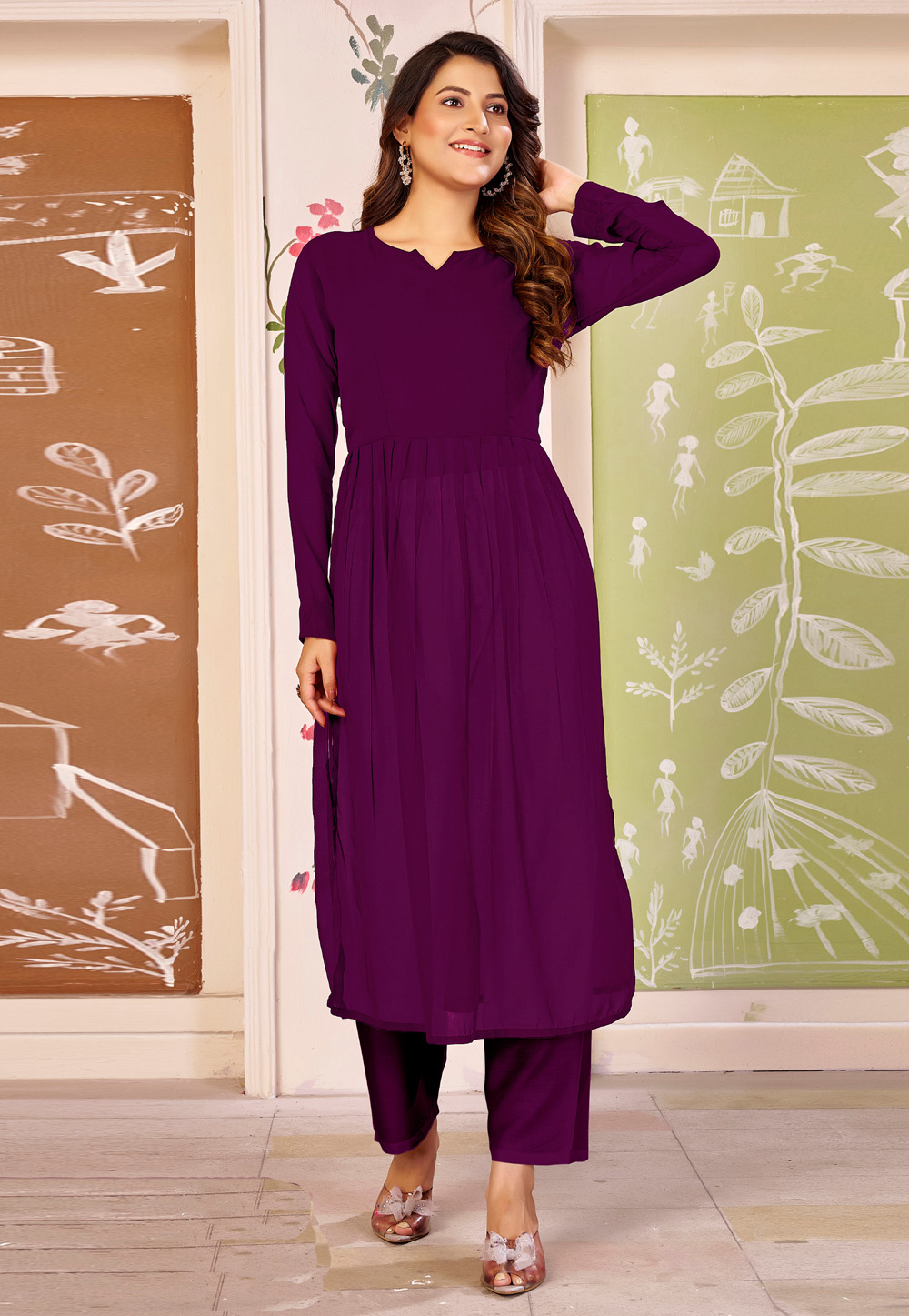 Wine Georgette Long Kurti 324116