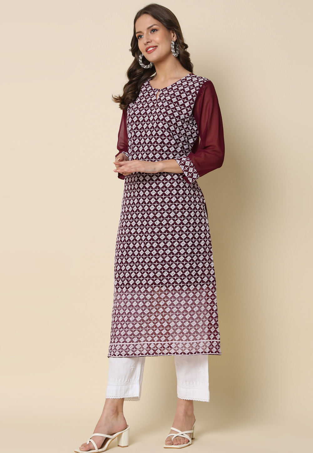 Wine Georgette Long Kurti 325209