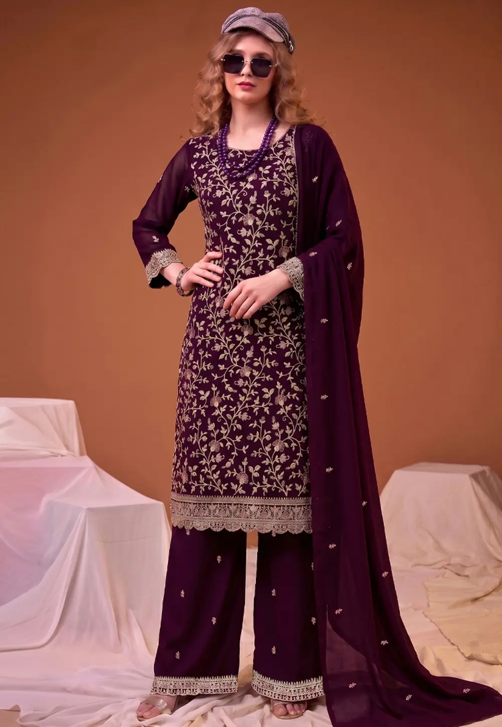 Wine Georgette Pakistani Suit 331608