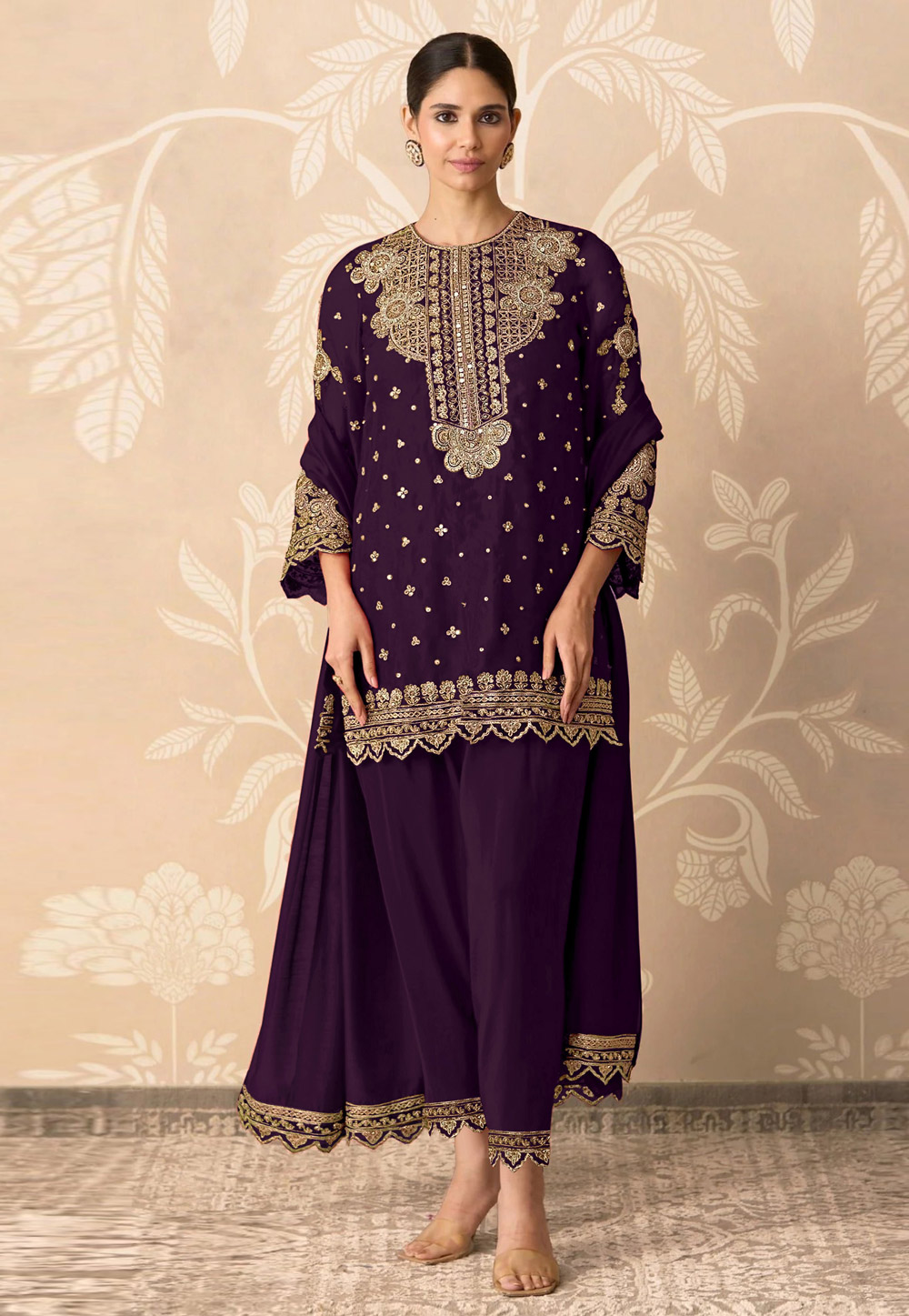 Wine Georgette Pant Style Suit 328006