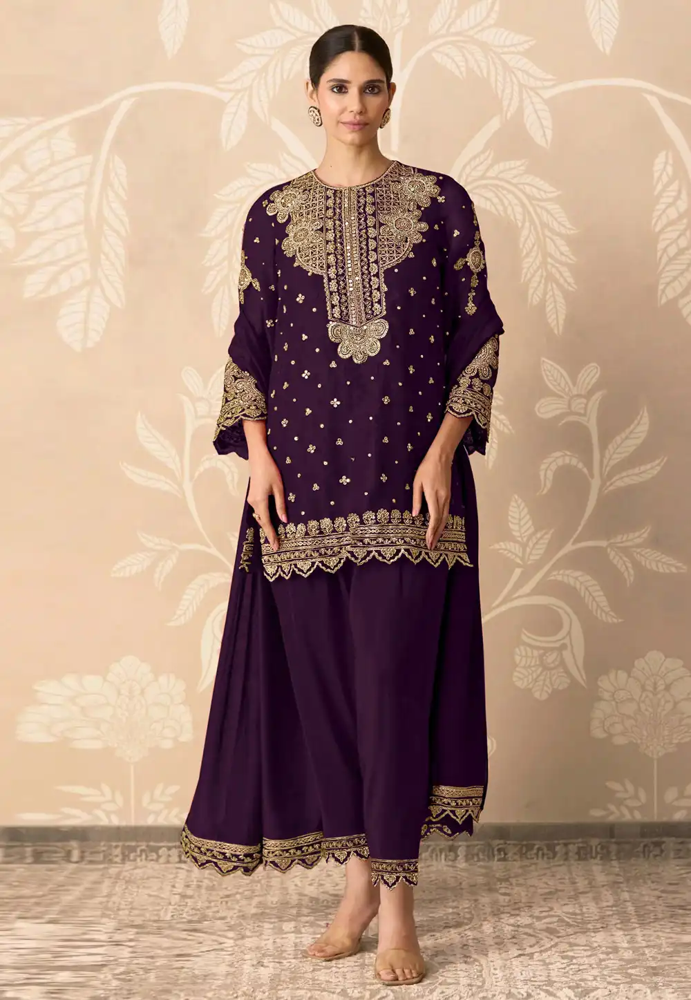 Wine Georgette Pant Style Suit 328006