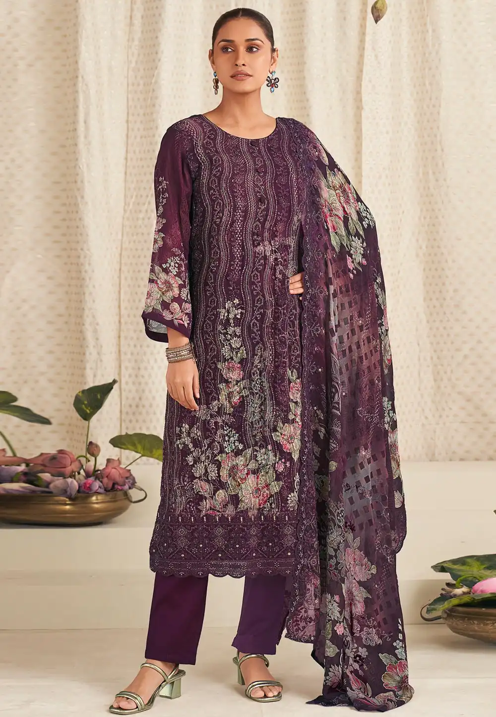 Wine Georgette Pant Style Suit 320912