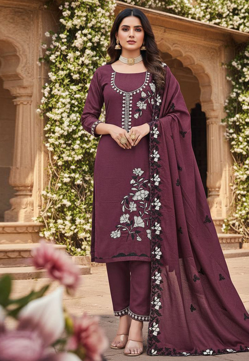 Wine Georgette Pant Style Suit 322763