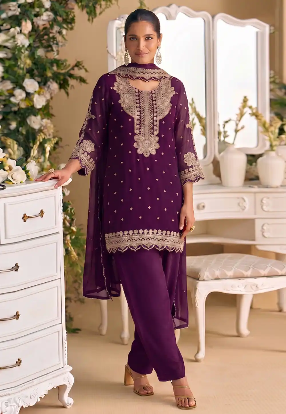 Wine Georgette Pant Style Suit 329760