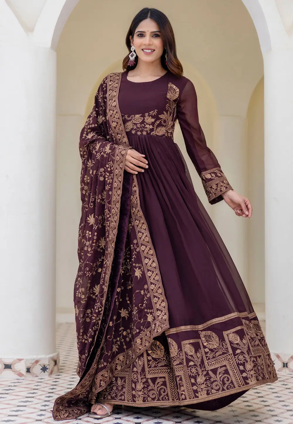 Wine Georgette Readymade Anarkali Suit 332355