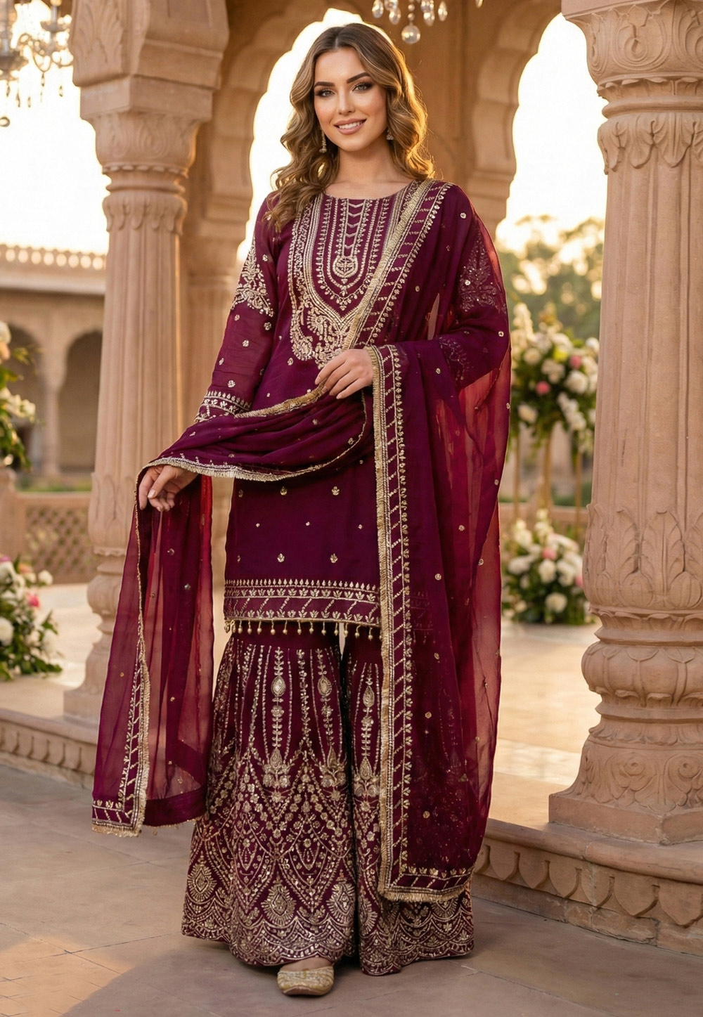 Wine Georgette Readymade Gharara Suit 324055