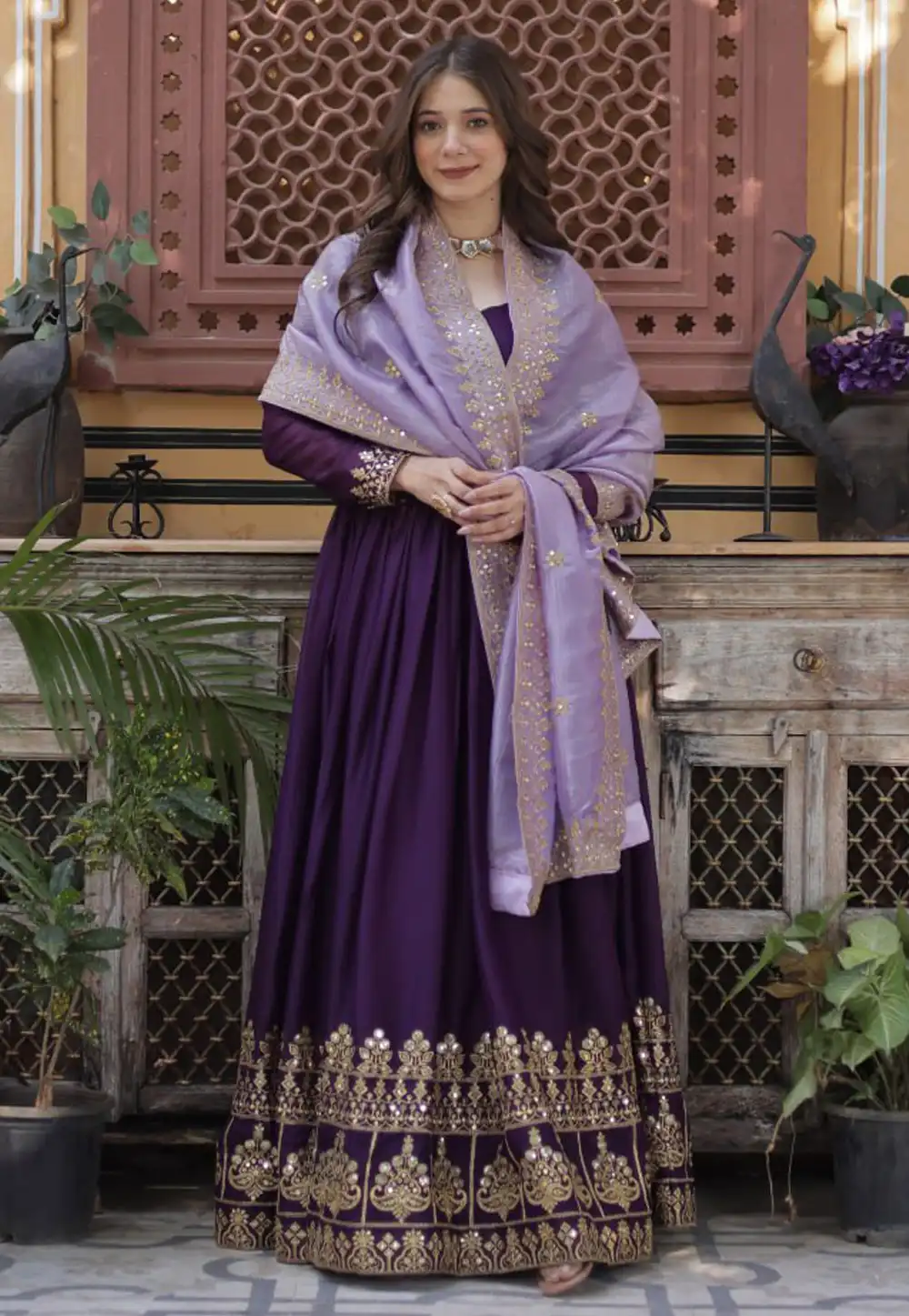 Wine Georgette Readymade Long Anarkali Suit 326604