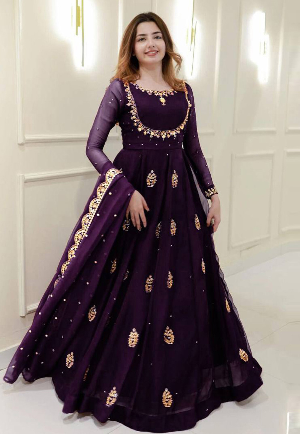 Wine Georgette Readymade Long Anarkali Suit 321463