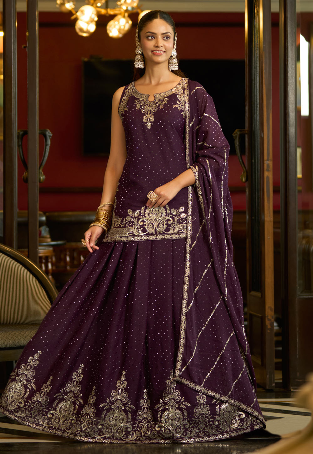 Wine Georgette Readymade Long Choli Lehenga 324711