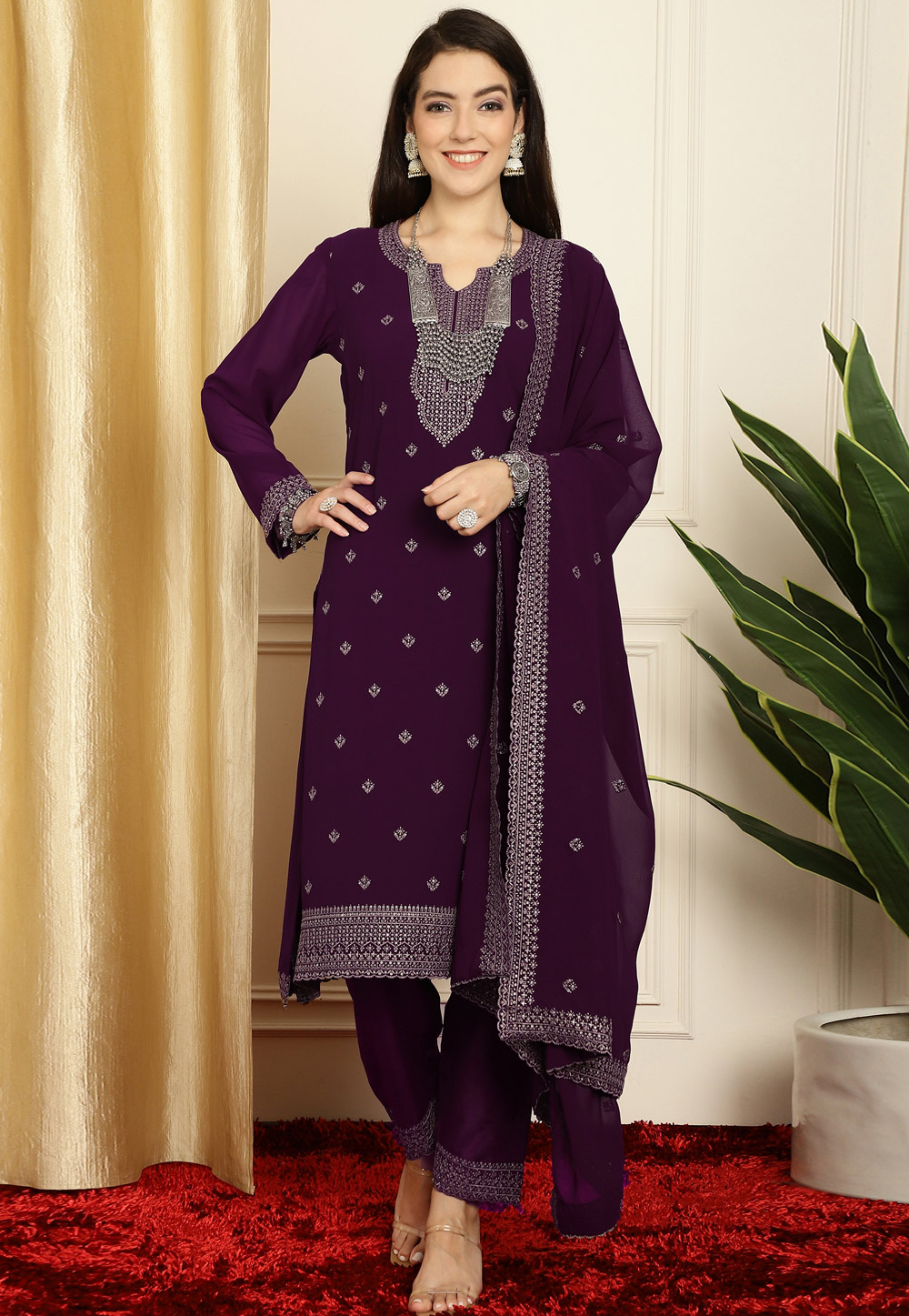 Wine Georgette Readymade Pakistani Suit 311959