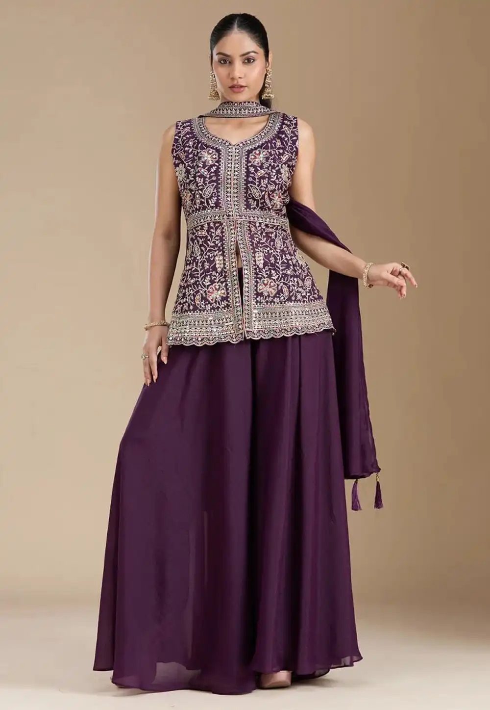 Wine Georgette Readymade Palazzo Suit 329802