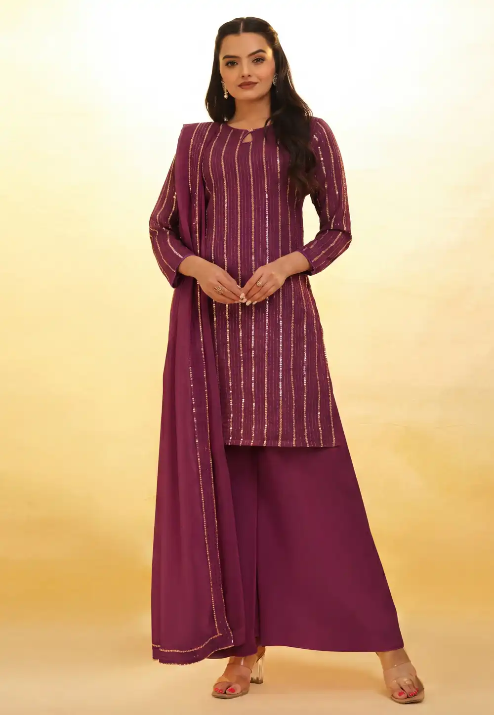 Wine Georgette Readymade Palazzo Suit 329263