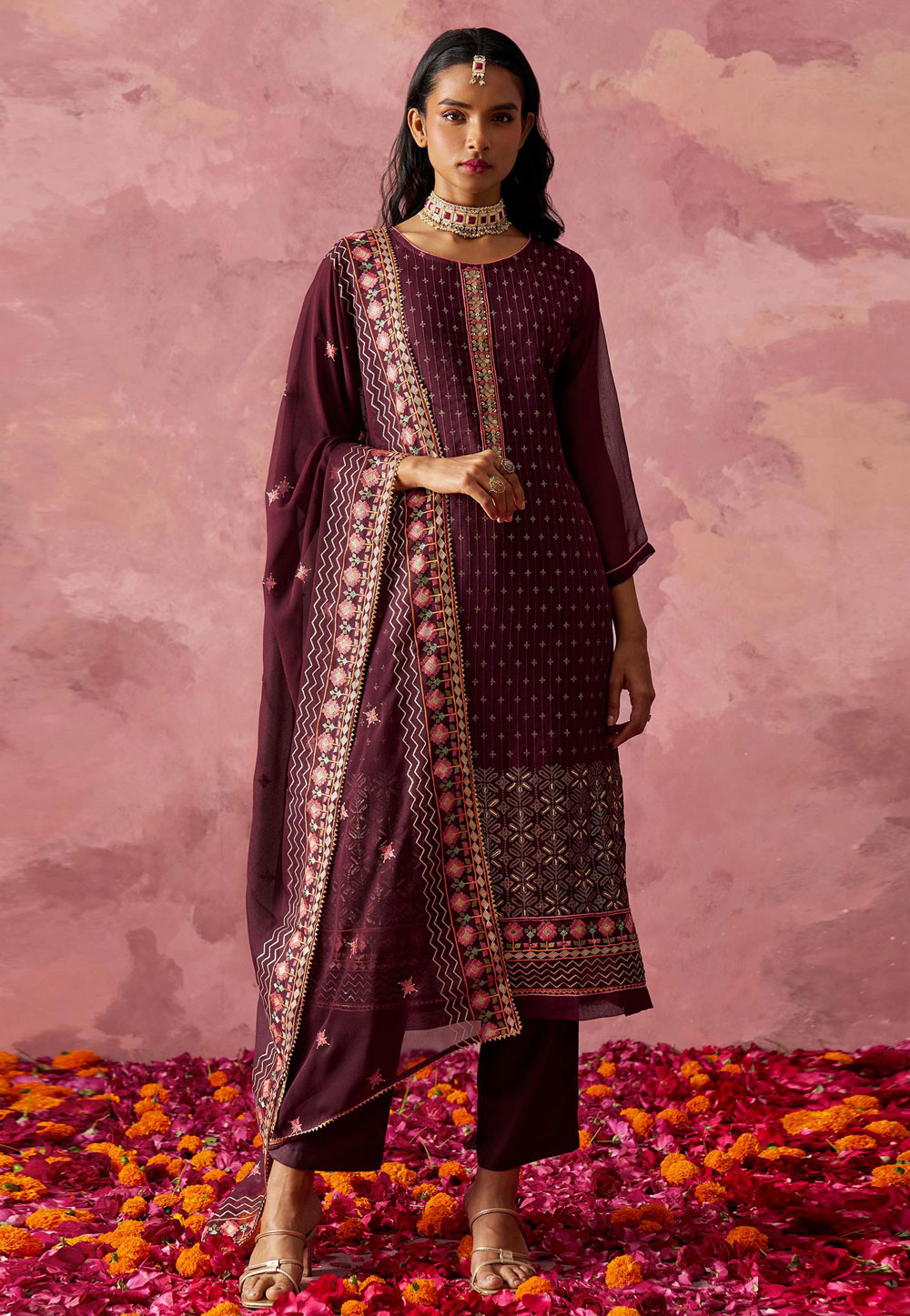 Wine Georgette Readymade Pant Style Suit 307901