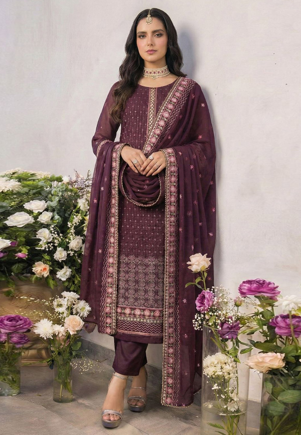 Wine Georgette Readymade Pant Style Suit 321920